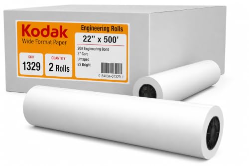 KODAK Wide Format Paper 22 x 500 FT 20# Engineering Bond, 3" Core, 2 Rolls/Ctn