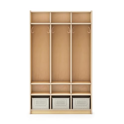Guidecraft EdQ 3-Section Wooden Storage Locker for Classroom, Kids Natural Wood Cubby Organizer with Shelves and Hooks for Coats