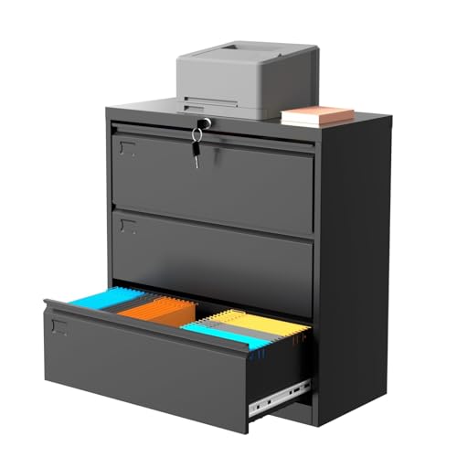 CABIHOME Black 3-Drawer Steel Lateral Filing Cabinet with Lock, Smooth-Gliding Drawers for Letter/Legal/A4 Files, Heavy-Duty Home Office Storage