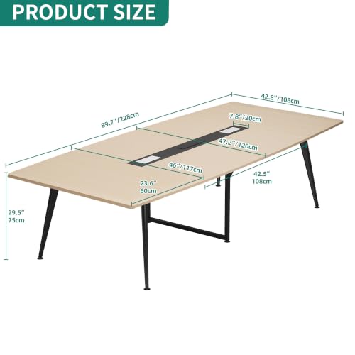 YITAHOME 90" Boat Shaped Conference Table with Power Outlets, Light Wood