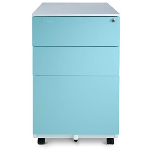 Aurora Mobile File Cabinet 3-Drawer Metal with Lock Key Sliding Drawer, White/Aqua Blue, Fully Assembled, Ready to Use