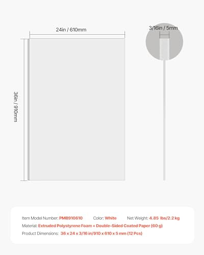VEVOR Foam Board, 12 Pack 24 x 36 in, 3/16 in Thickness White Poster Board
