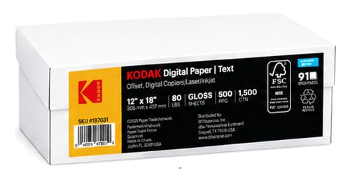 KODAK Digital Paper - 12 X 18, 80 lb Text, Gloss White Premium Digital Printing Stock, 1,500 Sheets per Carton