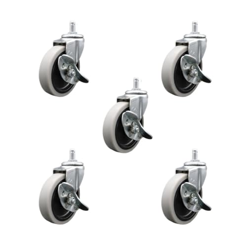 4 Inch Swivel Thermoplastic Rubber Caster Wheels and 7/16 Inch by 7/8 Inch Grip Ring Stem Caster and Brake - 625 lbs. Total Capacity - Set of 5 - Service Caster Brand