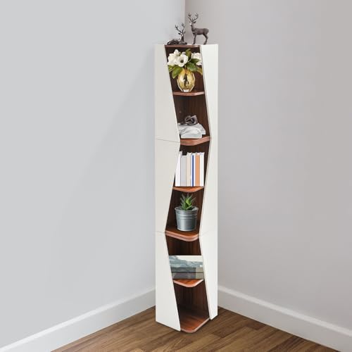 Corner Bookshelf 6-Tier Wall Storage Rack Neutral and Walnut Modern Design