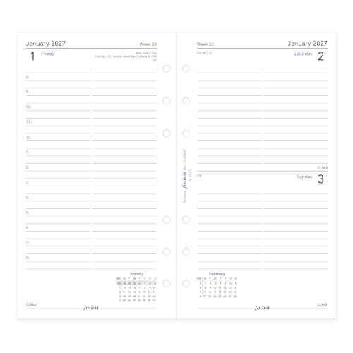 Filofax Calendar Diary Refill, Personal/Compact Size, Day on One Page with Appointments, Ruled, White Paper, English, 2027 (C68441-27)