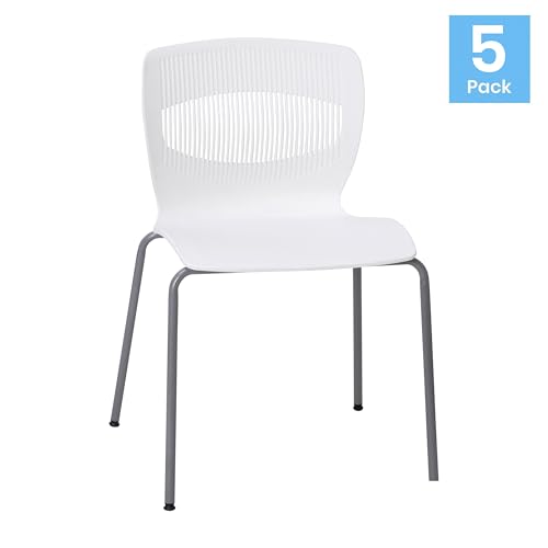 Flash Furniture Hercules Series Set of 5 Commercial Stack Chair - Roomy Wide 770 lb. Capacity - Lumbar Support - Durable Plastic - Silver Steel Frame - White