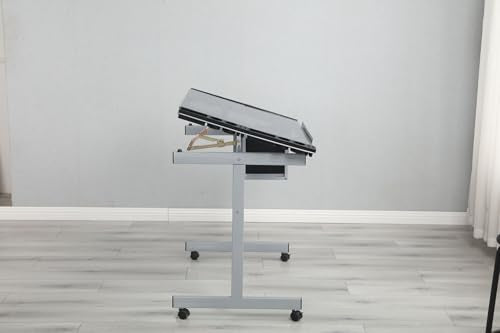 HRVEOCEI Adjustable Glass Drafting Table with 2 Slide Rolling Wheels & Fabric Drawers, Steel Frame Art Desk with Storage & Side Tray, Diamond Drawing Table for Adults Artist Painters Home Office