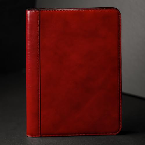 Time Resistance Leather Portfolio - A4 Document Folder - Italian Handcrafted Padfolio Organizer (Red) - Gift Box Included