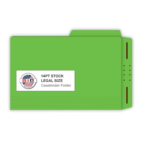 Green Casebinder Legal File Folders, Doctor Stuff, Top Tab, Legal Size with Fully Reinforced Back, 2” Embedded Fastener on Endwing, and 1/2 Cut Assorted Top Tabs, 14 pt Stock, Carton of 200