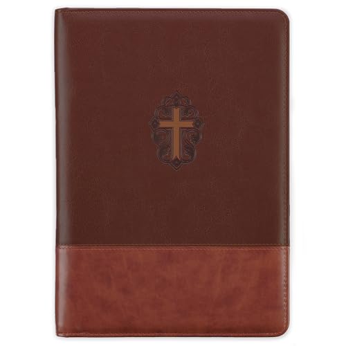 Christian Art Gifts John 3:16 Cross Two-Tone Zippered Brown Faux Leather Padfolio/Portfolio Folder Notepad with Single Pen with Highlighter Tip for Notes