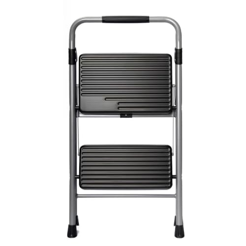 PIZENFC Gray Black Foldable 2 Step Stool, Steel Frame, 225 Lbs Capacity