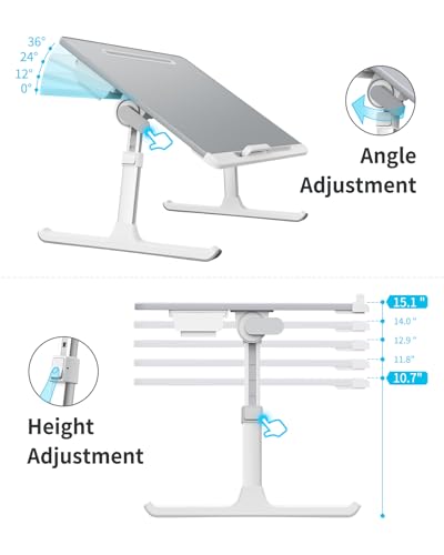 Laptop tray, SAIJI 60*45cm Table lap for bed, Multi-purpose Premium Lapdesk, Height Angle adjustable, with Book Stand, Drawer, Tablet slot, for Eating, Working, Writing, Gaming, Drawing (Light Grey)