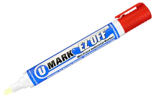 U-Mark EZ Off Wet Erase Industrial Paint Marker 3/5mm Reversible Tip, Marks On Metal Glass Plastic Parts Assemblies Tools, 12 Pack, Red