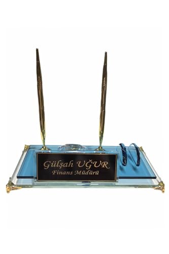 MOOGCO Custom Desk Name Plate: Black Glass Desk Name Plate with Clock, Pen Holder with 2 Pens, Cardholder - Desktop Nameplate, Desk Organizer (Blue Double With Clock)