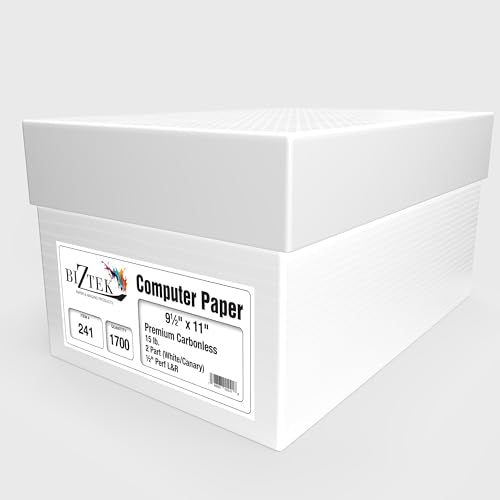 BIZTEK Continuous Carbonless Computer Paper 9.5 x 11, Blank Left and Right Perforated, 15 lb, 2-Part White/Canary (1,700 Sheets) - Made In The USA 91192