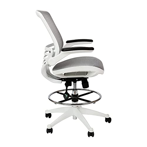 BizChair Mid-Back Transparent Gray Mesh Drafting Chair with White Frame and Flip-Up Arms