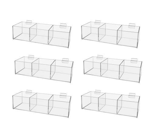 Marketing Holders 6 Pack Slatwall Acrylic Retail Tray 3 Compartment Dump Bin Acrylic Storage Caddy Product Storage Display Tray Slatwall Shelves Organizer for School Business Shop