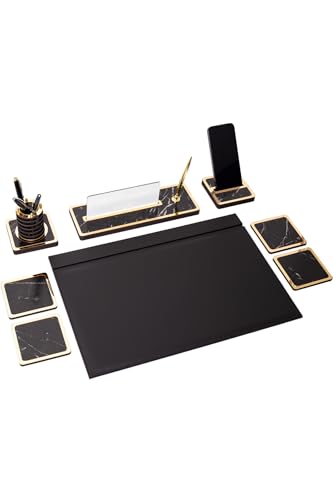 8-Piece Marble Patterned Wood Desk Organizer Set with Leather Desk Pad and Nameplate - Black - Black