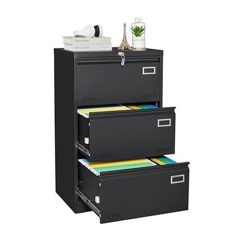 Beuiosda Black Lateral File Cabinet with Lock, 3 Drawers Metal Filing Cabinet for Home Office/Legal/Letter/A4, Storage Locker Horizontal File Cabinet for Home Office,School,Garage