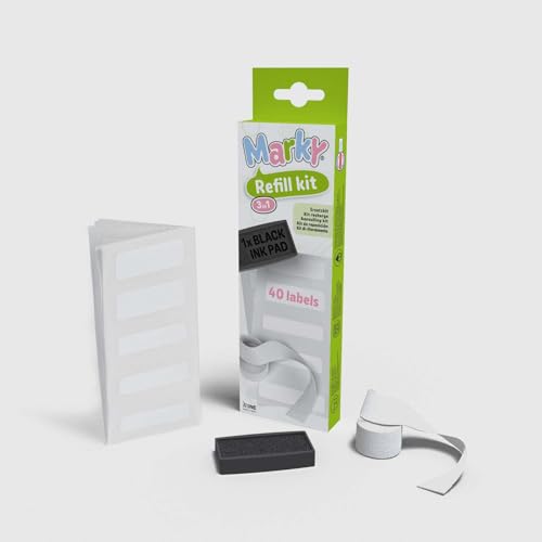 MARKY Stamp Set in Pink with Black Ink for Labeling Various Objects and Clothes, Includes 3in1 Refill Set with Ink Pad, 40 Labels and 1 m Thermotape