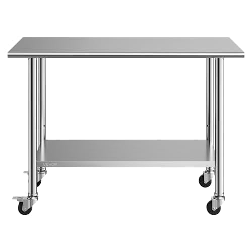 VEVOR Stainless Steel Work Table, 24x48 inch Food Prep Table with Wheels and Backsplash, Commercial Kitchen Workstation with Adjustable Undershelf, Metal Utility Worktable, for Restaurant Home Outdoor