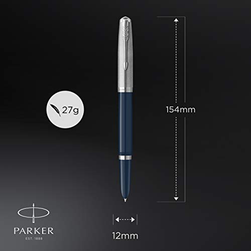 Parker 51 Fountain Pen, Midnight Blue Barrel, Chrome Trim, Fine Nib, Black Ink Cartridge, Gift Box