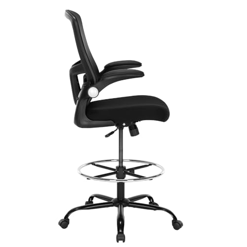 Drafting Chair,Tall Office Chair, Ergonomic Standing Desk Chair with Flip-up Armrests,Mid-Back Counter Height Computer Task Chair with Lumbar Support and Adjustable Footrest Ring,Black