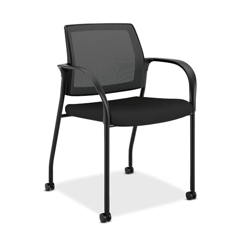 HON Ignition 2.0 4-Way Stretch Mesh Back Mobile Stacking Chair, Supports 300 lb, 18" Seat Height, Black Seat/Back, Black Base