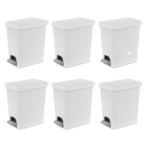 Sterilite Step On Wastebasket, Kitchen Trash Bin, White, 2.7 Gal, 6-Pack