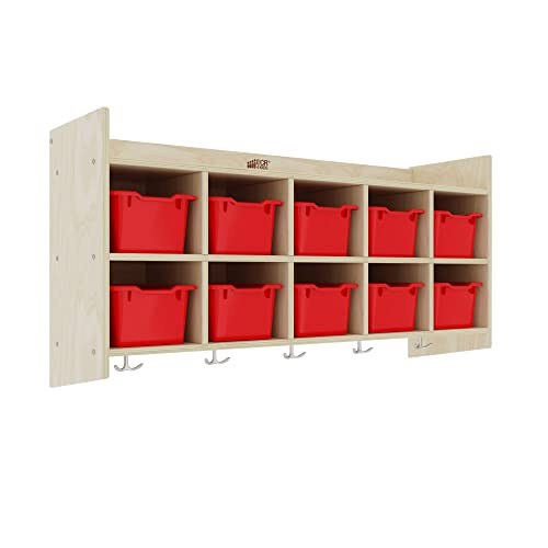 ECR4Kids 10-Section Hanging Coat Locker with Shelf and 10 Scoop Front Bins, Cubby Storage, Red