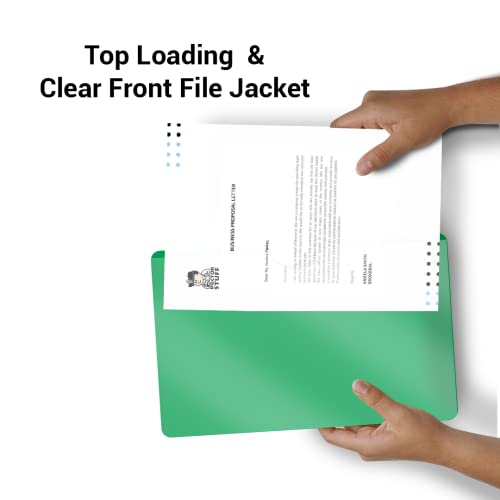 Doctor Stuff- 100 Pack, Vinyl Plastic Pocket File Folders Closed Sides, Legal Size, Clear Front Top Loading Job Jacket, Documents Holder for Office, High School and Medical Files, Green