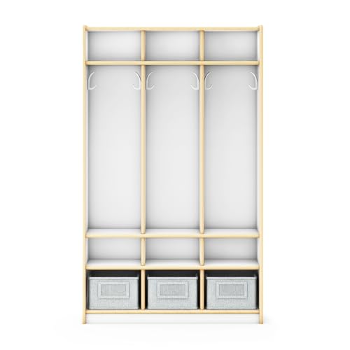 Guidecraft EdQ 3-Section Wooden Storage Locker for Classroom, Kids White Cubby Organizer with Shelves and Hooks for Coats