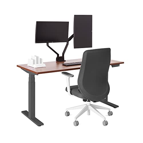 Poppin Series L Adjustable Height Single Desk, Walnut, 57", Modern Sit and Stand Solution with Charcoal Electric Legs Adjusting Height 25" to 50,5", LED Display with Four Memory Buttons