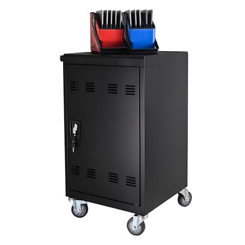 ZenithX 32-Bit Tablet Laptop Storage Basket for Mobile Charging Trolley - Black Plastic Organizer with Cable Management & Removable Doors
