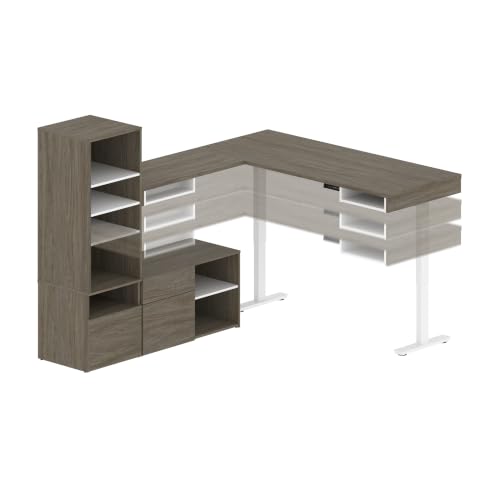 Bestar L-Shaped Standing Desk with Credenza, Walnut Grey, Viva, 72W