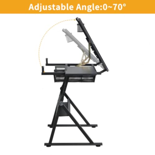 Daklpiw Tempered Glass Drafting Table, 0-75° Tilt & Height Adjustable Drafting Desk with 2 Drawers and Storage Tray, for Artists Designers Hobbyists