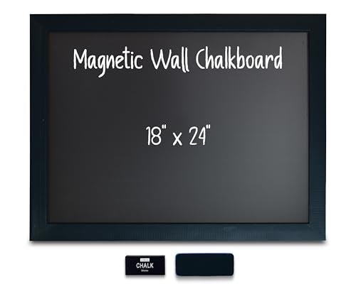 Magnetic Wall Chalkboard, Large Size 18" x 24", Rustic Wood Frame, Chalkboard Sign, Vertical or Horizontal Wall Mount, Includes Chalk and Eraser, by Better Office Products (Solid Black)