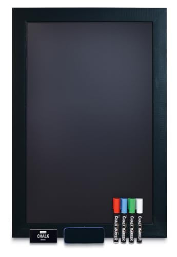 Magnetic Wall Chalkboard, Extra Large Size 20" x 30", Wood Frame, Chalkboard Sign, Vertical or Horizontal Wall Mount, Includes 4 Chalk Markers, Chalk & Eraser, by Better Office Products (Solid Black)