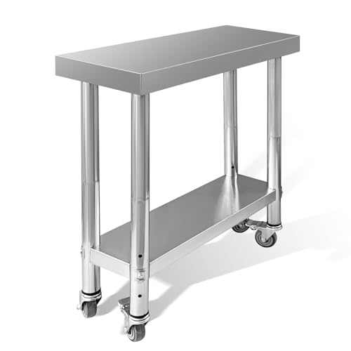 Fsehyue Stainless Steel Work Table 30"x12"x34" Metal Adjustable Under Shelf Prep Table 320 LBS Load Capacity with 4 Caster Wheels Heavy Duty Food Prep Worktable for Home Hotel Kitchen Restaurant