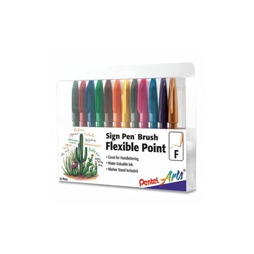 Pentel Arts Sign Pen Touch, Fude Brush Tip, 12 Assorted Colors in Marker Stand (SES15CPC12)