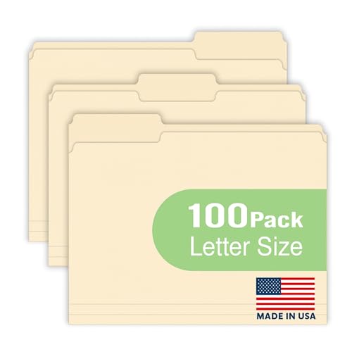 Woodlake Manila File Folders 8.5 x 11 Letter Size, 220gsm Paper Filing Folders with 1/3 Cut Tabs, 100 Pack Manila Folders for Office, School, Home, Business & Document Organization, Made in USA
