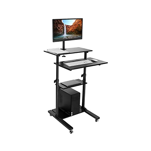 Mount-It! Mobile Computer Cart with Monitor Mount for Screen up to 32", Portable Desk on Wheels, Rolling Laptop Stand for Teachers, Office, Classroom, Rise up to 53", Podium, Keyboard Tray, Black