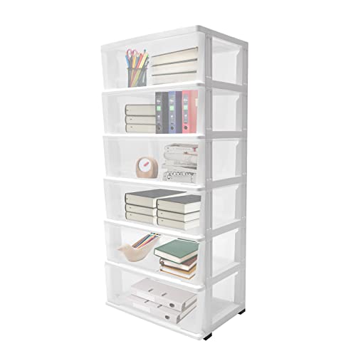Eleeferri 6 Tier Plastic Drawers Closet, 3.5Ft File Storage Cart Cabinet Storage Organization Tower with Clear Drawers for Office, Living Room, Bedroom, Dormitory White