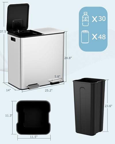 2 x 40L (2 x 10.6 Gallon) Stainless Steel Dual Compartment Trash Can