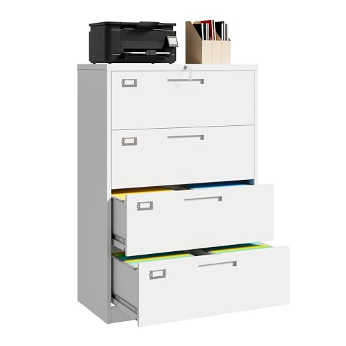 4 Drawer File Cabinet with Lock, Furniture Parts, Steel Wide Filing Organization Storage Cabinets, Steel Lateral File Cabinet for Hanging Files Letter/Legal/F4/A4 Size,Assembly Required