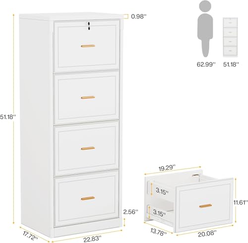Bovoey 51.2" H x 17.7" W x 22.8" L Vertical File Cabinet, Black Linen Finish, 4 Drawers with Adjustable Hanging Rails, Lockable Top Drawer, Anti-Tip Design