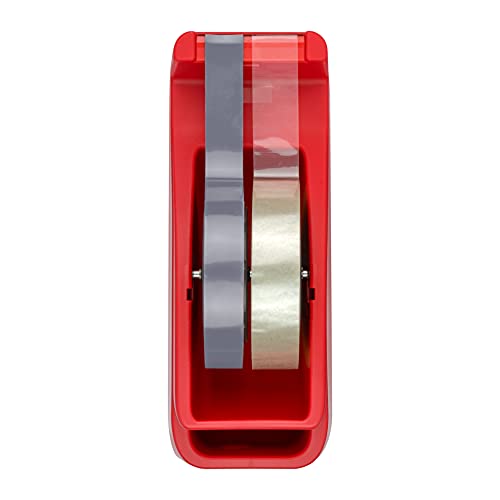SAX Tape It Easy XXL Single Hand Tape Dispenser Extra Heavy for 1 x 50 mm Tape or 2 x 25 mm Tape, Parcel Tape Dispenser with Pen Holder Function, Non-Slip, Includes Double-Sided Blade, Red