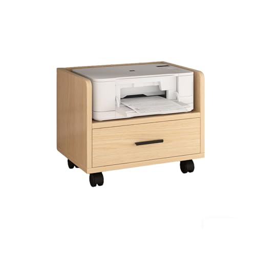 PreuepltrMa Printer Stand with Storage Drawer, Printer Table with Locking Wheels, for Under Desk, Home, Office, Mechanism Small and Short(Light Oak,53 cm(20.87in) in Length)