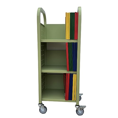 Workington Single Bank Rolling Book Truck Book Cart with 3 Flat Shelves, Library Book Cart with Swivel Lockable Casters 3000 Apple Green